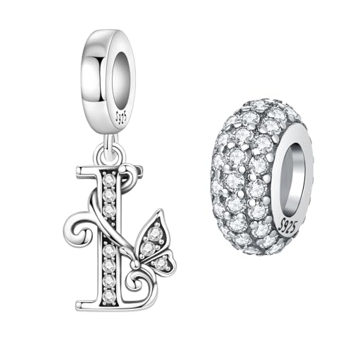 2 Pack 925 Sterling Silver Butterfly Letter Charms for Bracelets and Necklace Alphabet Initial Dangle Pendants Round Spacer Beads Pave Cubic Zirconia Jewelry Gift for Women - color: I Set