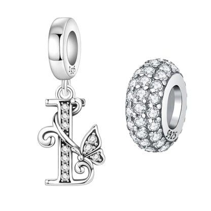 2 Pack 925 Sterling Silver Butterfly Letter Charms for Bracelets and Necklace Alphabet Initial Dangle Pendants Round Spacer Beads Pave Cubic Zirconia Jewelry Gift for Women - color: I Set