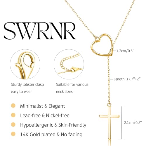 Lariat Necklace for Women, Dainty 14K Gold/Silver Plated Long Necklaces for Women Trendy Simple Layered Y-Shaped Pendant Necklace Adjustable Fashion Jewelry Gift - color: Gold, style: Heart Cross Pendant