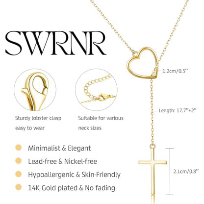 Lariat Necklace for Women, Dainty 14K Gold/Silver Plated Long Necklaces for Women Trendy Simple Layered Y-Shaped Pendant Necklace Adjustable Fashion Jewelry Gift - color: Gold, style: Heart Cross Pendant