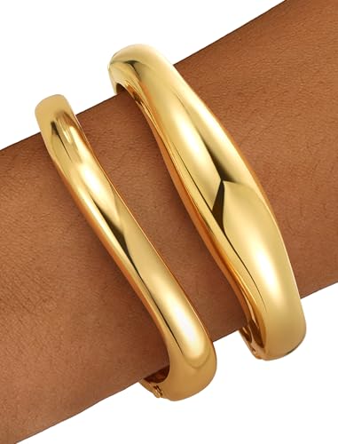 Chunky Gold Bangle Bracelets for Women – 14k Gold Plated | Cuff Bangles, Stackable Bracelet Set, Wide Trendy Fashion, Jewelry Gift - color: 05-Gold-2pcs