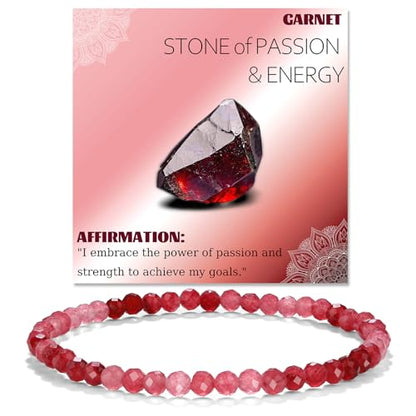 Natural Faceted Crystal Bracelet for Women,4mm Gemstone Round Beads Bracelets Adjustable Stretchy Healing Crystal Beads Bracelets Dainty Jewelry Gift - color: Garnet