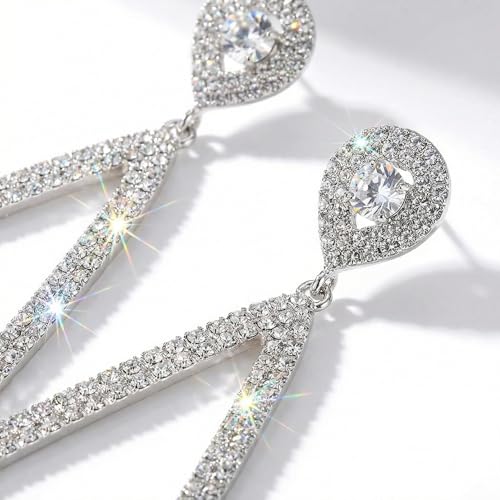 Silver Rhinestone Dangle Earrings for Women, Oversized Teardrop Drop Earrings, Sparkling Crystal Chandelier Jewelry for Wedding, Prom Earring Fashion Jewelry
