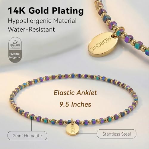 Womens Hematite Anklet, Handmade Foot Chain, Elastic Beach Chakra Jewelry - color: Ank-4
