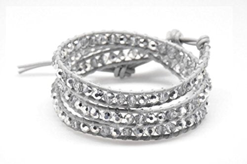 Crystals Wrap Bracelet Genuine Leather Handmade 5 Multilayer 4mm Beads Woven Bangle