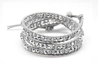 Crystals Wrap Bracelet Genuine Leather Handmade 5 Multilayer 4mm Beads Woven Bangle
