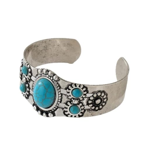Soyzvteo Western Silver Cuff Bracelet Bohemian Turquoise Engraved Bangle Bracelet Vintage Trendy Boho Outfits Dresses Jewelry Gift - color: F