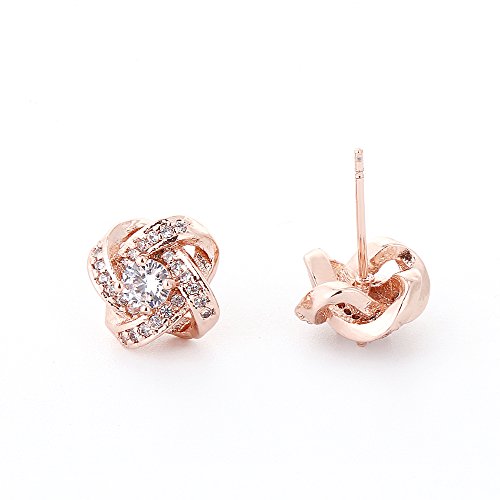 AMYJANE Bridal Jewelry Set for Women - Crystal Cubic Zirconia Love Knot Necklace Stud Earrings Elegant CZ Jewelry Set for Wedding Bride Bridesmaids Gift Set - color: Clear(14k Rose Gold Plated)