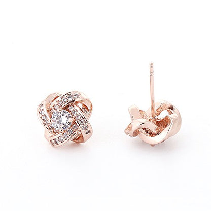 AMYJANE Bridal Jewelry Set for Women - Crystal Cubic Zirconia Love Knot Necklace Stud Earrings Elegant CZ Jewelry Set for Wedding Bride Bridesmaids Gift Set - color: Clear(14k Rose Gold Plated)