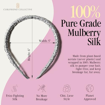 Curlfriend Collective Luna Silver Comfort Curve Silk Headband | Luxury 100% Mulberry Silk, No-Slip, Headache-Free Fit for Curly, Coily & Textured Hair for Women - color: Luna Silver
