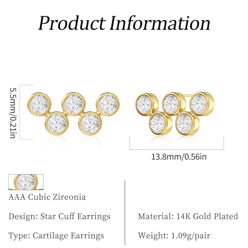 Star 14K Gold Plated Ear Cuff Earrings for Women Non Piercing, Dainty Silver Plated Clip on Cartilage Ear Cuff Non Pierced Trendy CZ Northstar Starburst Sparkling Climber Clawer Earring Jewelry - style: Cluster-3