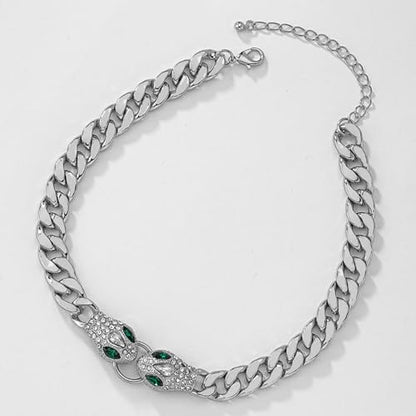 Punk Animal Snake Choker Necklace Hip Hop Rhinestone Snake head Cuban Link Chain Necklace Chunky Cuban Chain Crystal Jewelry for Women Gifts - color: Style A Silver
