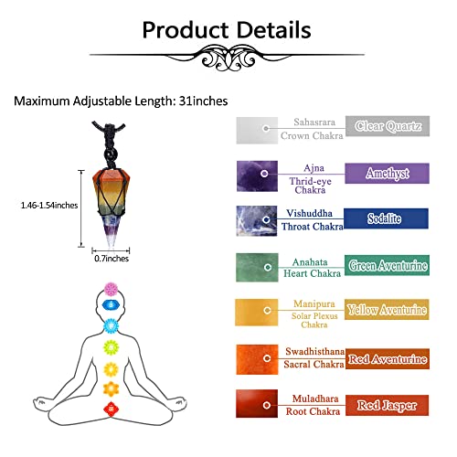 Top Plaza Mens Necklace, Crystal Gemstone Protection Pendant Necklace | Healing Crystals Necklace for Men Adjustable 6 Facet Pointed Necklace Energy Natural Quartz Protect Jewelry Gifts - color: 7 Chakra