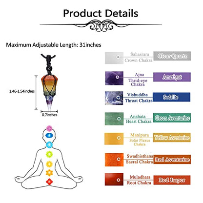 Top Plaza Mens Necklace, Crystal Gemstone Protection Pendant Necklace | Healing Crystals Necklace for Men Adjustable 6 Facet Pointed Necklace Energy Natural Quartz Protect Jewelry Gifts - color: 7 Chakra