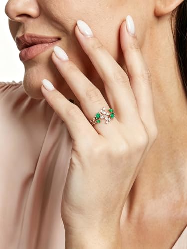 Silver Leaf Ring for Women 925 Sterling Silver Yellow Gold Plated CZ Inlaid Marquise Sapphire/Ruby/Emerald Cocktail Rings Size 6 to 10 - color: Emerald - Gold