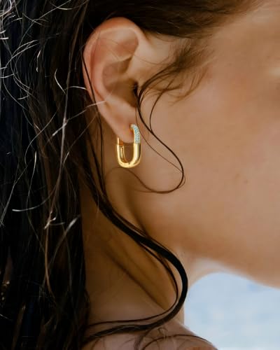 VALLOEY ROVER Chunky Gold Hoop Earrings for Women Hypoallergenic | 14k Gold Plated Small Thick Square Turquoise Cubic Zirconia Huggie Hoop Earrings for Women Fashion Trendy Jewelry Gift - color: Tur Hoop
