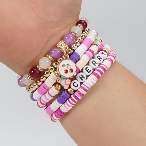 Twinfree Bohemian Cute Fruit Banana Cherry Strawberry Pineapple Mango Polymer Clay Beaded Stackable Stretch Bracelets - color: Color 5