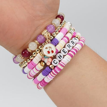 Twinfree Bohemian Cute Fruit Banana Cherry Strawberry Pineapple Mango Polymer Clay Beaded Stackable Stretch Bracelets - color: Color 5