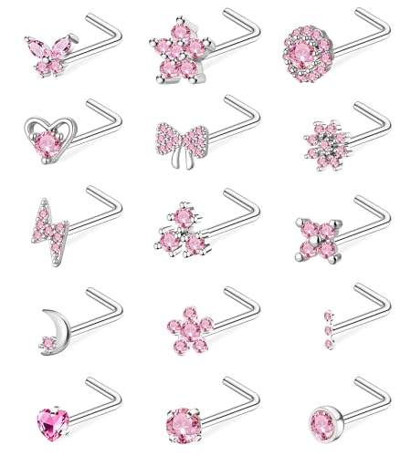 Gold L Shaped Corkscrew Nose Rings for Women 20G Nose Piercings Heart Butterfly Flower Bow Moon Nose Studs Stainless Steel Nose Piercing Jewelry - color: Silver Tone Pink CZ L Shaped