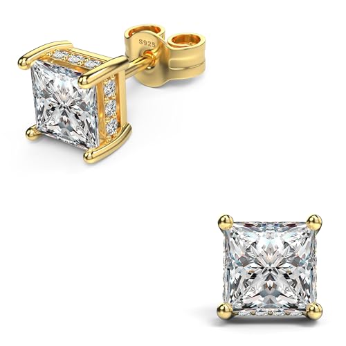 Princess Cut Cubic Zirconia Stud Earrings for Men Women | Square CZ Simulated Diamond Studs, 18K White Gold Plated Sterling Silver, Hypoallergenic - color: Gold, size: 4MM