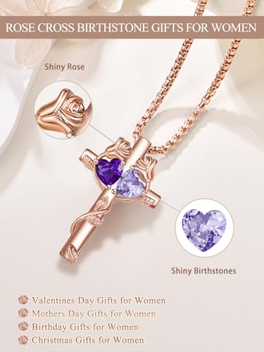 Rose Gold Cross Necklace with 2 Birthstones and Rose | Cross with Birthstone Necklace, Hypoallergenic, Adjustable Rolo Chain, Birthday Gifts, Catholic Christian Religious Jewelry - color: 02-06-Feb-Jun Birthstone