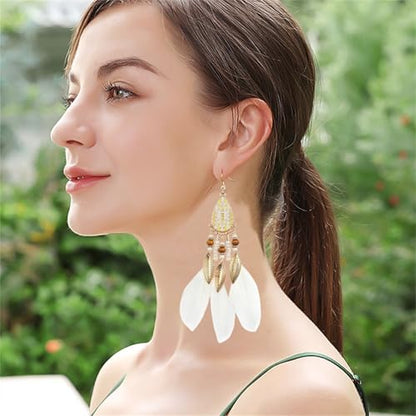 Dreuyet Boho Long Feather Drop Dangle Earrings for Women Retro Bohemian Ethnic Fringe Multicolor Tassel Feather Earring Handmade Statement Dream Catcher Earrings Jewelry - color: White Teardrop