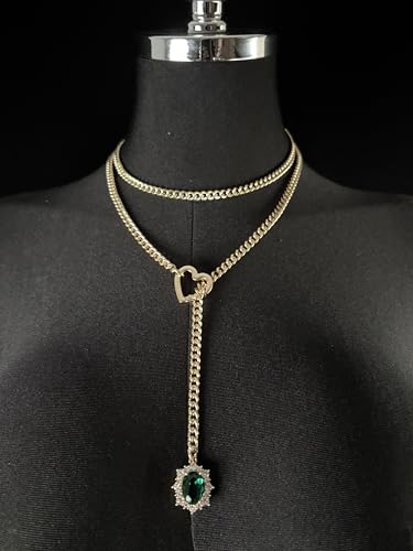 Women's Heart O-Ring Slip Chain Necklace, Double Layered Adjustable 39'' Cuban Chain with Detachable Heart Clasp and Colorful Rhinestone Pendant - color: 39'' Gold-Emerald Green
