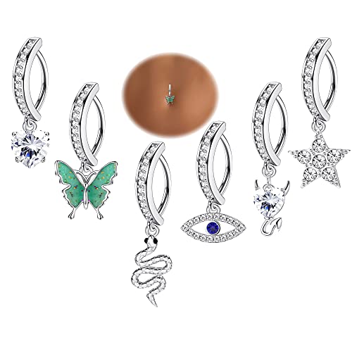 JOERICA 6 Pcs 14G Clicker Belly Button Ring for Women 316L Surgical Steel Butterfly Snake Evil Eye Heart CZ Opal Dangle Belly Button Rings Simple Reverse Navel Rings Body Belly Piercing Jewelry - color: Sliver Tone A