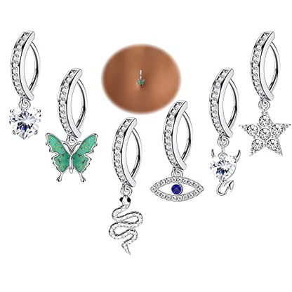 JOERICA 6 Pcs 14G Clicker Belly Button Ring for Women 316L Surgical Steel Butterfly Snake Evil Eye Heart CZ Opal Dangle Belly Button Rings Simple Reverse Navel Rings Body Belly Piercing Jewelry - color: Sliver Tone A