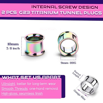 2Pcs G23 Titanium Double Flared Earrings Internally Threaded Gauges for Ears Weights Eyelet Tunnel Plug Stretching Kit From 3mm to 25mm Women Men - color: Rainbow, size: 9mm-00G