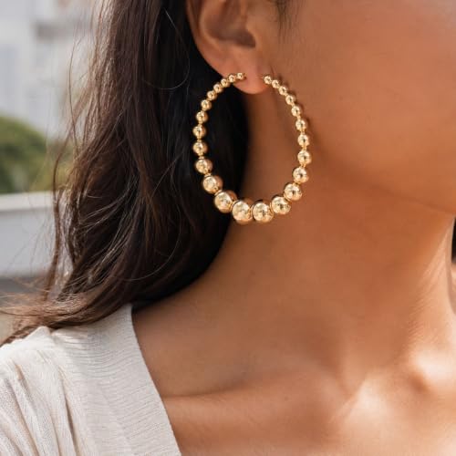Big Chunky Gold Hoop Earrings for Women Beaded Large Statement Earrings Lightweight Fashion Jewelry Daily Wear Party Gift - color: A:gold Hoop Earrings