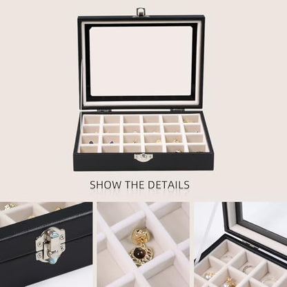 Wudygirl 24 Grid Earring Organizer Small Jewelry Box with Lid BlackBeige | Ring Box with Adjustable Dividers, Velvet Lining, Ideal for Rings, Earrings, Jewelry Display, Gift Giving - style: Black Beige 24 Grid
