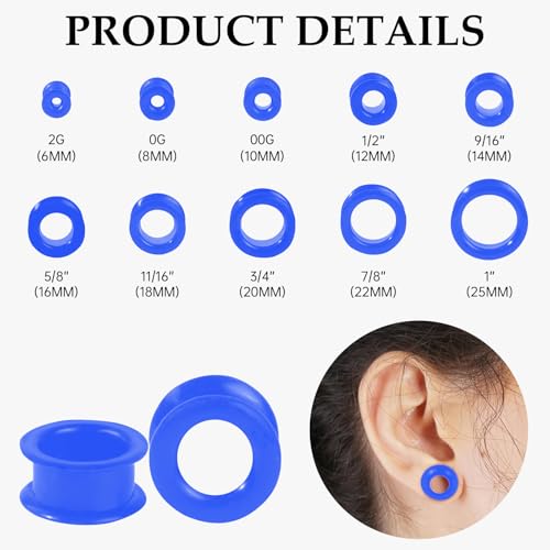 20Pcs Silicone Ear Gauges 2G-25mm Flexible Ear Tunnels Gauges Soft Expander Stretching Ear Plugs Tunnels Black Earring Piercings Jewelry for Men Women - color: Thick Dark blue Silicone