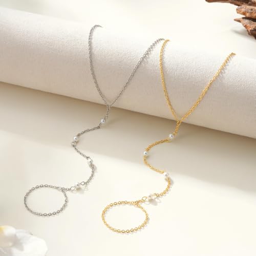 Eaciy 3PCS Gold Hand Chain Bracelets for Women, 18K Gold Plated Dainty Stackable Hand Chain Bracelet Ring Gold Bracelets for Women Trendy Gold Jewelry Set - color: 10-Bar-Hand Chain