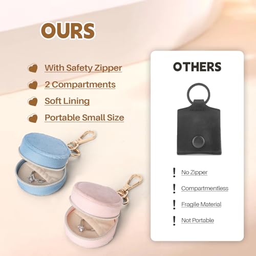 Jewelry Ring Holder Keychain, 2 Pack Velvet Jewelry Holder Storage Box with Buckle, Portable Small Travel Ring Keeper Case for Rings, Earrings, Stud, Necklaces (Pink+Light Blue) - color: 2 Pack-Pink+Light Blue