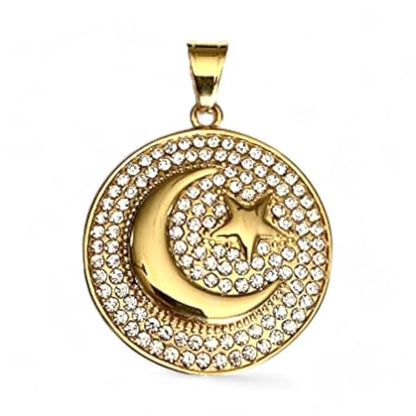 Crescent Moon & Star Pendant Necklace – Men & Women 14k Gold Finish, Iced Out Medallion, 925 Italy Stainless Steel, 2.5mm Rope Chain - size: 24" Necklace