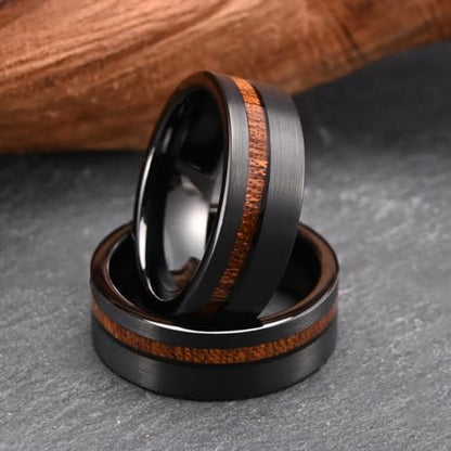 Tungsten Carbide Rings for Men 8mm Black Hammered Whiskey Barrel Wood & Elk Antler Inlay Men's Engagement Wedding Bands Matte Brushed - color: 8mm black Brushed
