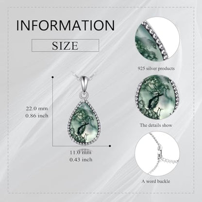 VONALA Sterling Silver Necklace Moss Agate/Turquoise/Larimar/Aquamarine/Opal/Black Onyx/Rose Quartz/Moonstone Pendant Teardrop Necklace Jewelry Gift for Women - style: Moss Agate