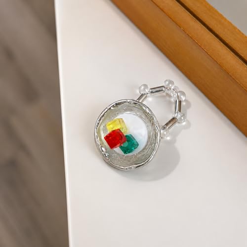 Cute Fried Egg Beaded Ring for Women, Handmade Y2K Adjustable Stretch Ring, Colorful Acrylic Statement Jewelry for Daily Wear
