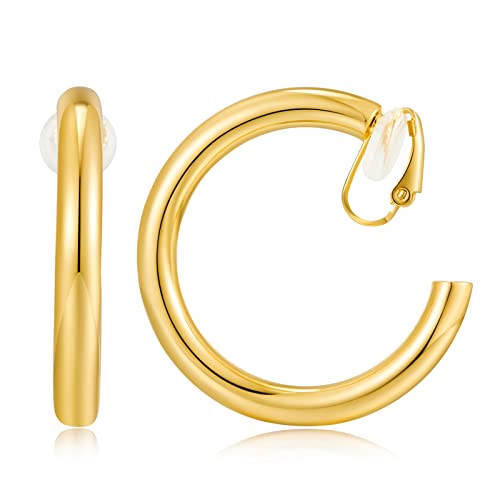 WOWORAMA Chunky Gold Hoop Clip On Earrings for Women | Large Chunky Hoops Clips Earrings, Polished Gold-Plated Clip-On Hoops, Statement Non Pierced Jewelry - color: 40mm Round Hoops