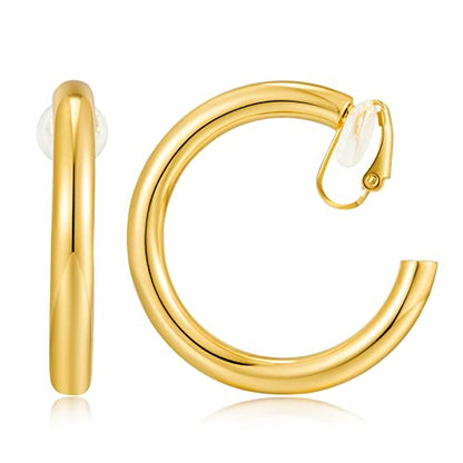 WOWORAMA Chunky Gold Hoop Clip On Earrings for Women | Large Chunky Hoops Clips Earrings, Polished Gold-Plated Clip-On Hoops, Statement Non Pierced Jewelry - color: 40mm Round Hoops