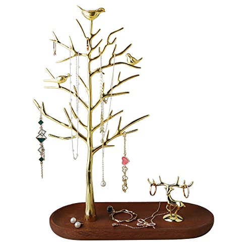 MORE&LESS Branch Jewelry Rack with deer, for Ring Earrings Necklace Bracelet,Suitable for living rooms, bathrooms,offices,etc. - color: C Tree&Deer Wood Tray