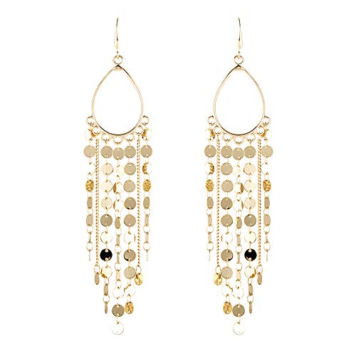 Bohemian Boho Tassel Dangle Drop Earrings for Women – Lightweight Filigree Gypsy Coin Chandelier Disc Charm Hoops – included Gift Box - style: Teardrop - Gold