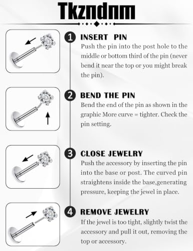 F136 Titanium 20/18/16G Earrings Nose Lip Rings Medusa Tragus Cartilage Helix Labret Flat Back Threadless Implant Grade Stud Piercing Jewelry for Women - color: White CZ, size: 16g*6/8/10mm*2/3/4mm