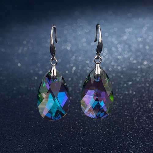 Austrian Crystal Teardrop Dangle Hook Earrings for Women 14K Gold Plated Hypoallergenic Jewelry - color: Rainbow Crystal