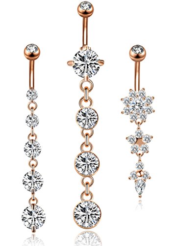 3-6PCS 14G 316L Stainless Steel Belly Button Rings for Women Navel Rings Barbell Dangle Flower CZ Body Piercing - color: B: 3 Pcs Rose-tone