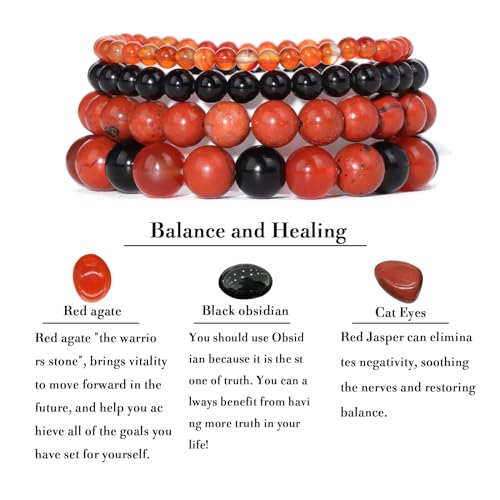 Vinswet 4pcs Beaded Bracelets for Women,Natural Healing Crystal Gemstones Bracelet,Anxiety Stress Relief Bracelet Handmade purple Jewelry Gifts for Women - color: Red agate&Black obsidian&Red Jasper