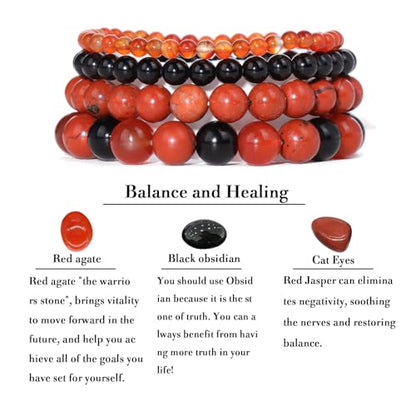 Vinswet 4pcs Beaded Bracelets for Women,Natural Healing Crystal Gemstones Bracelet,Anxiety Stress Relief Bracelet Handmade purple Jewelry Gifts for Women - color: Red agate&Black obsidian&Red Jasper