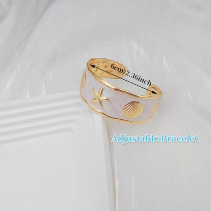 YBMYCM Chunky Shell Cuff Bracelet for Women, Hammered Boho Open Bangle | Adjustable Irregular Wide Bracelets Jewelry Gifts for Women, Perfect for Daily Wear - color: White2
