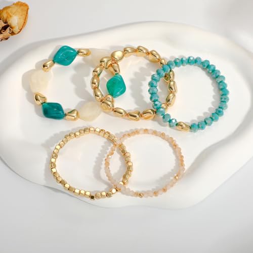 GOOJIDS Multilayer Colorful Gold Beaded Stackable Bracelets For Women Set Bohemia Heart Charm Strand Bracelets Friendship Elastic Wristbands Summer Beach Boho Vacation Jewelry - color: D-Blue Beads Set